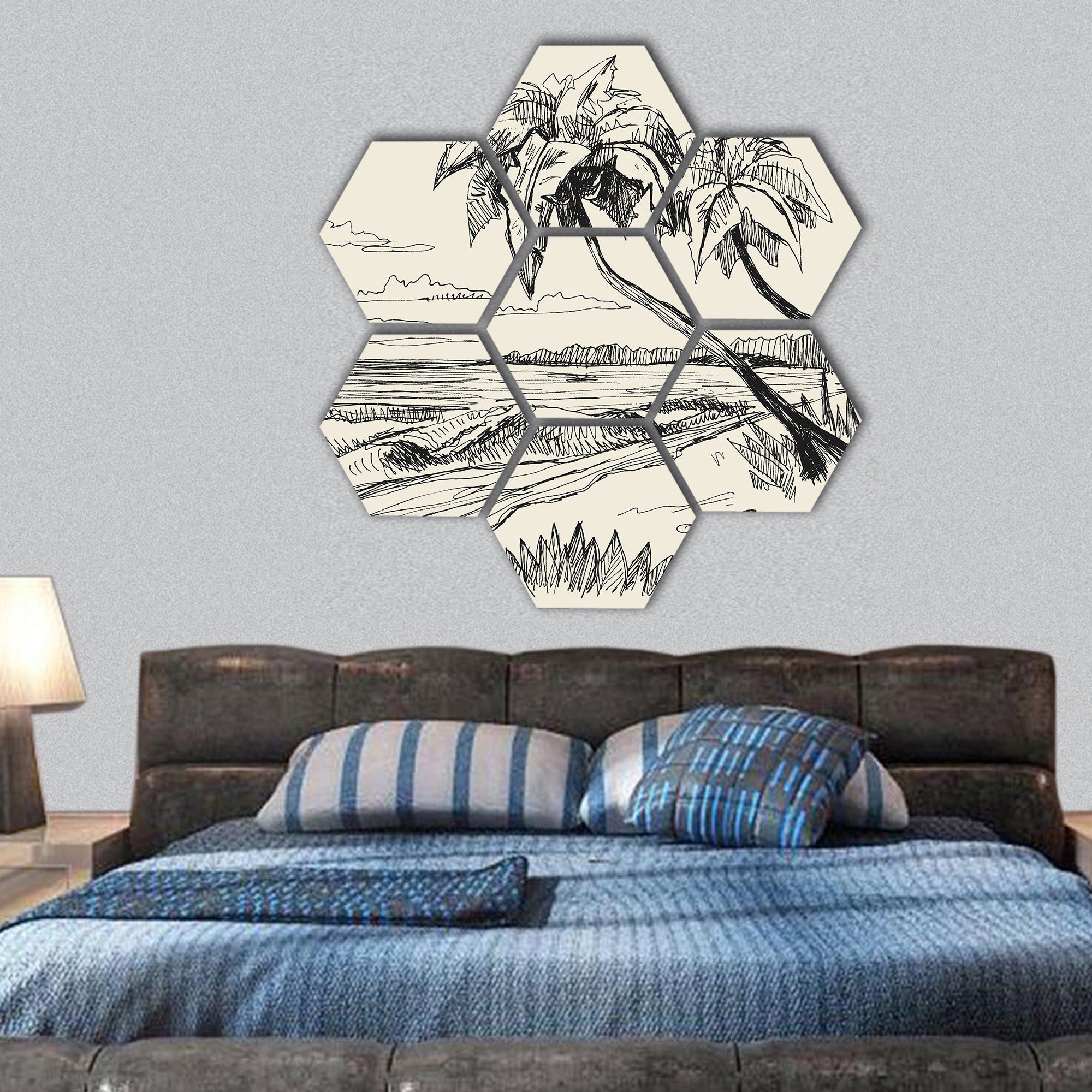 Original hand drawn picture of sea hexagonal canvas wall art
