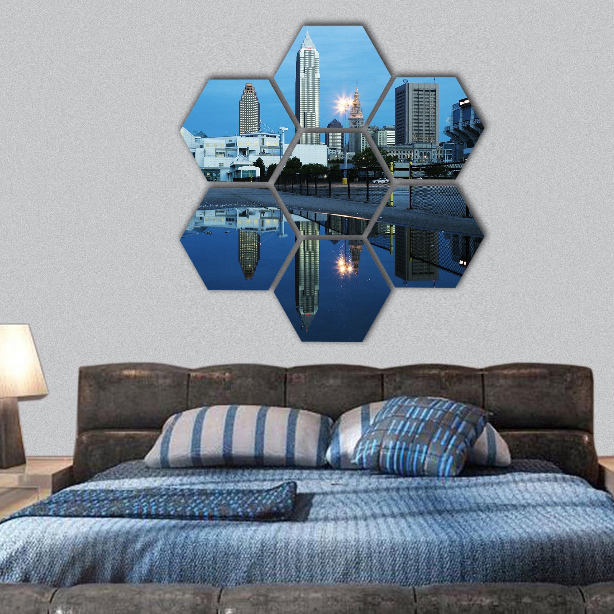 Key Tower, Terminal Tower and Cleveland Browns Stadium hexagonal canvas wall art