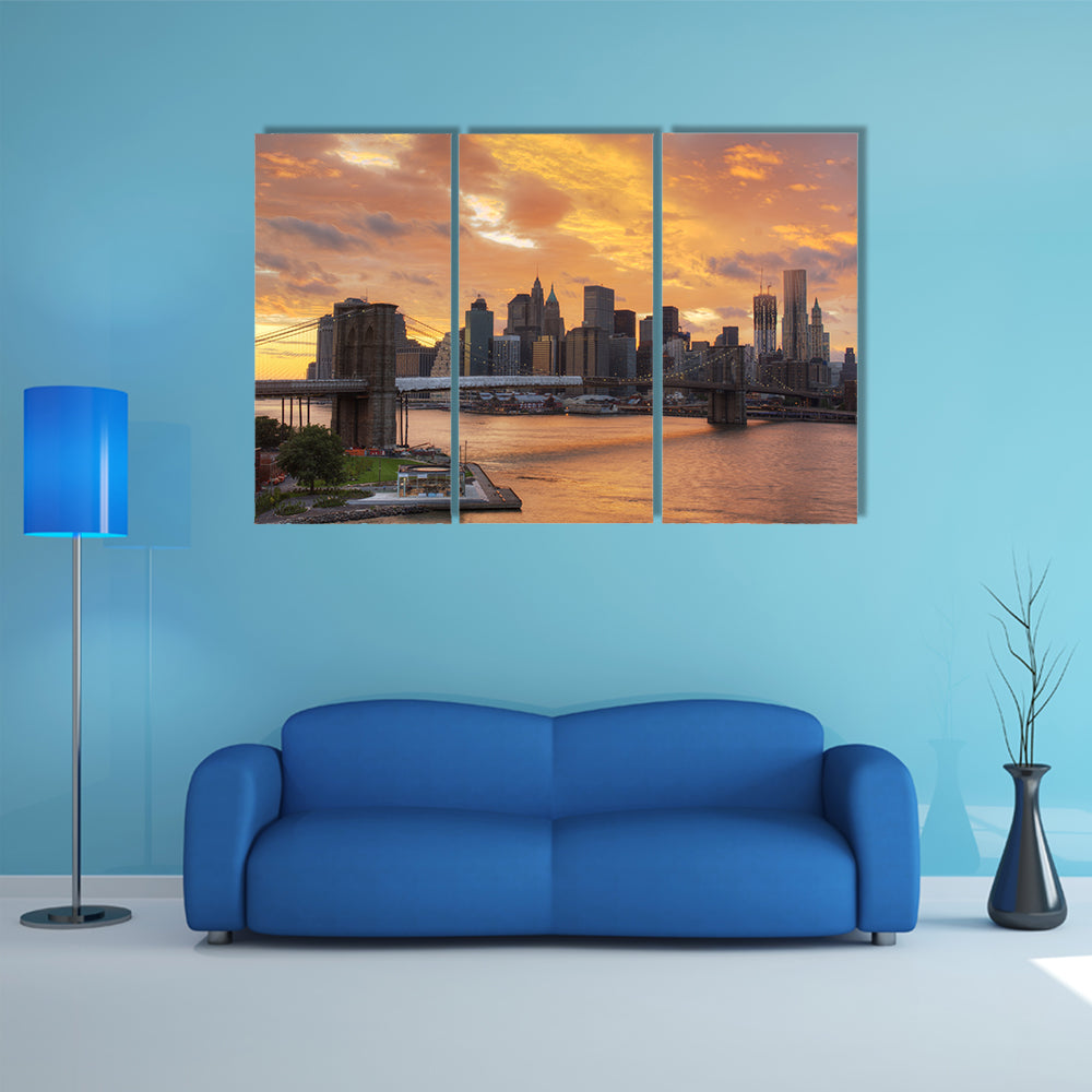 View of Downtown New York City with dramatic clouds multi panel canvas wall art