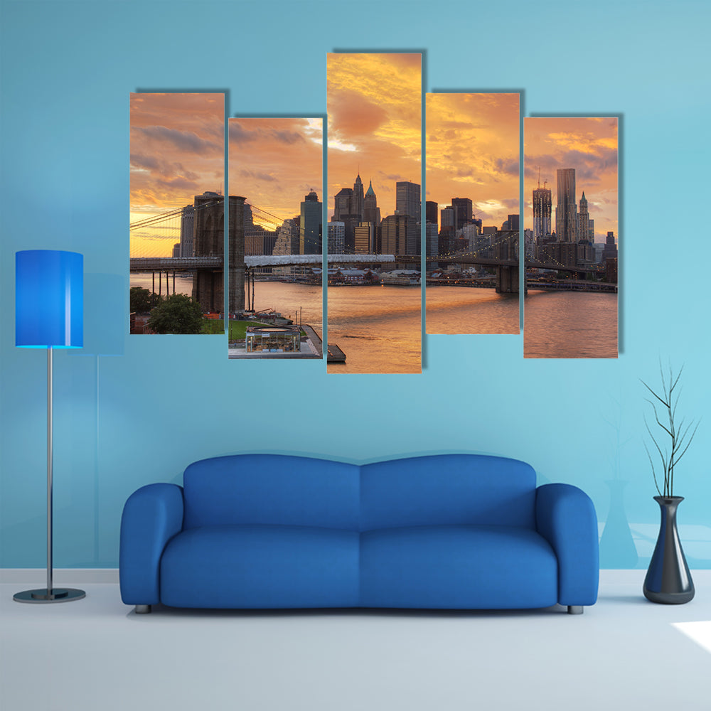 View of Downtown New York City with dramatic clouds multi panel canvas wall art