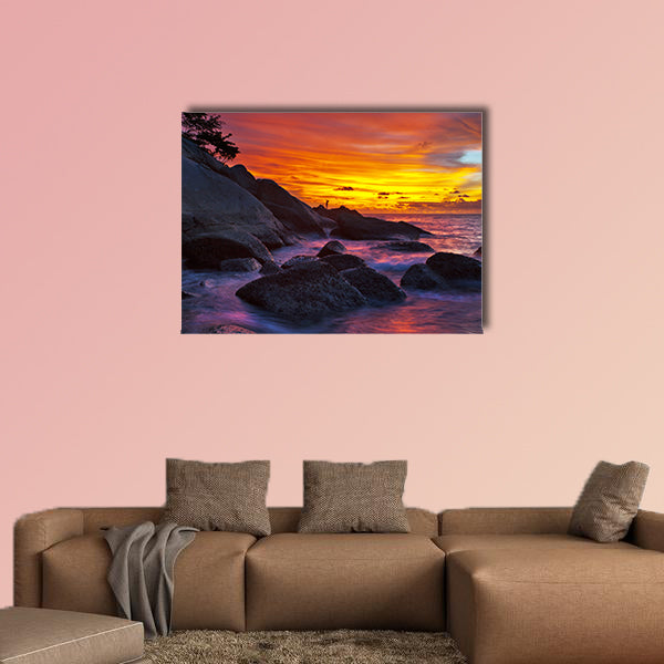 Tropical beach at sunset with nature background multi panel canvas wall art