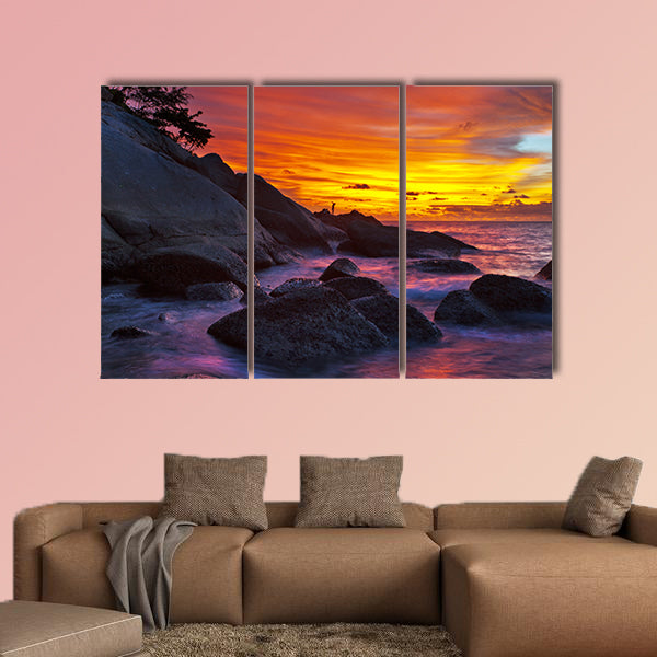 Tropical beach at sunset with nature background multi panel canvas wall art