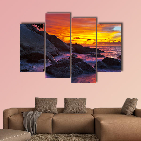 Tropical beach at sunset with nature background multi panel canvas wall art