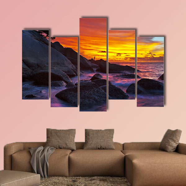 Tropical beach at sunset with nature background multi panel canvas wall art