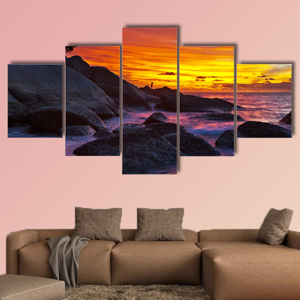 Tropical beach at sunset with nature background multi panel canvas wall art