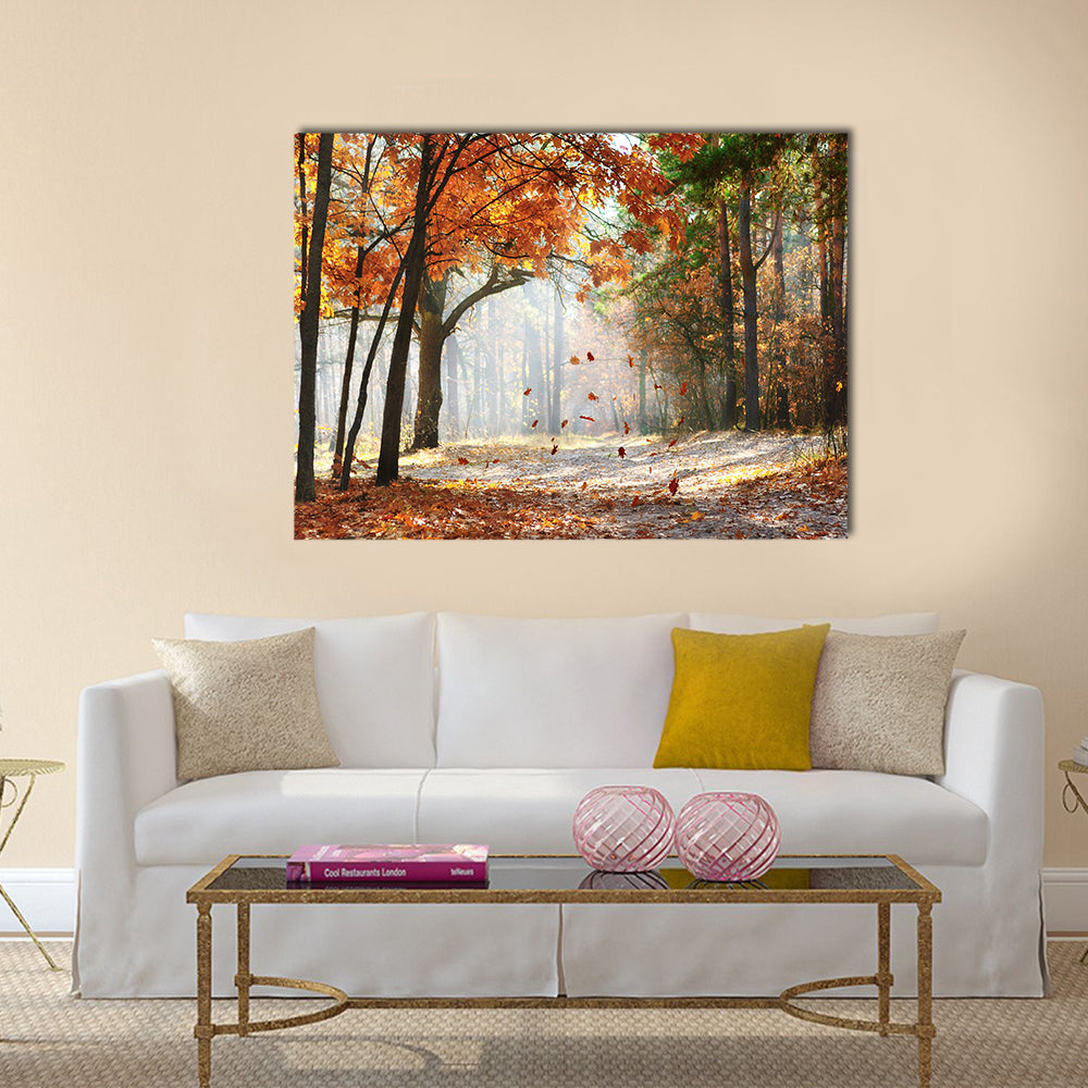 Falling oak leaves on the scenic autumn forest Multi panel canvas wall art
