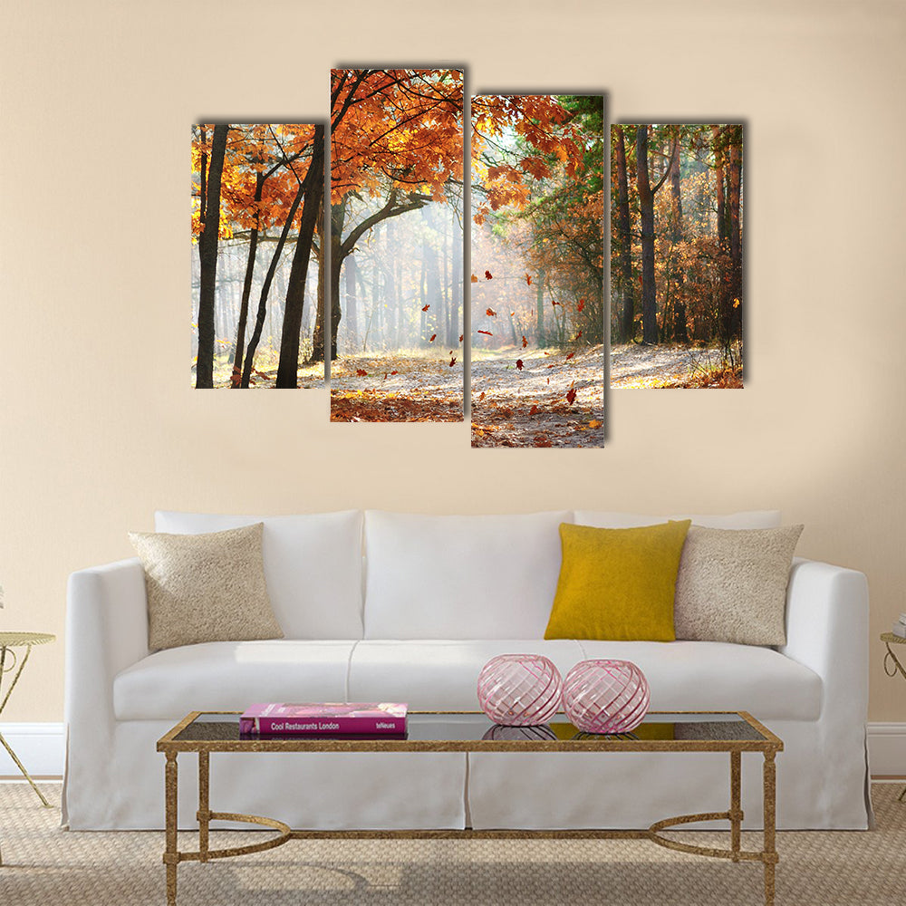 Falling oak leaves on the scenic autumn forest Multi panel canvas wall art