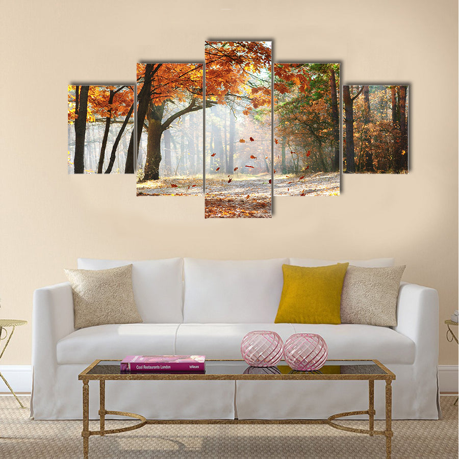 Falling oak leaves on the scenic autumn forest Multi panel canvas wall art
