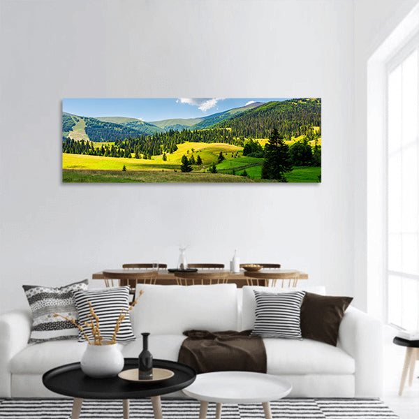 Haystack on grassy agricultural fields among spruce forest panoramic canvas wall art