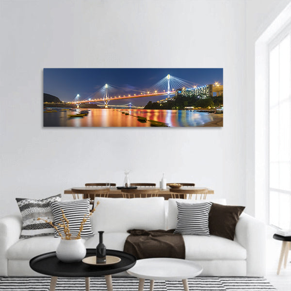 Ting Kau Bridge and Tsing Ma Bridge in Hong Kong at night panoramic canvas wall art