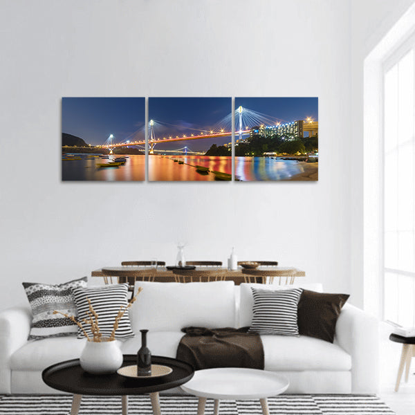 Ting Kau Bridge and Tsing Ma Bridge in Hong Kong at night panoramic canvas wall art