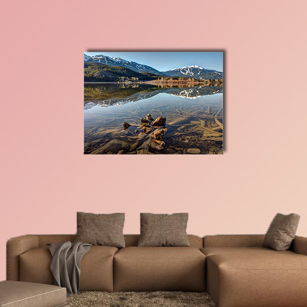 Green Lake Reflection of Whistler Blackcomb on a sunny morning wall art