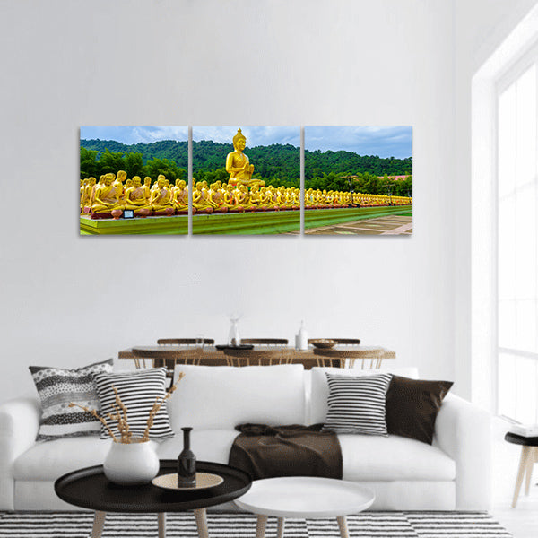 Golden big Buddha statue at Makha Bucha Buddhist park panoramic canvas wall art