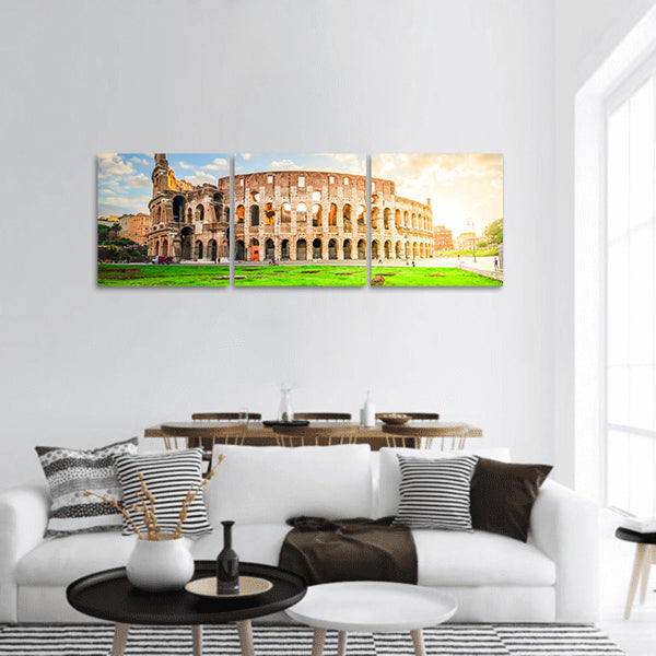 Ruins of antique Colosseum in sunrise, Rome Italy, toned panoramic canvas wall art
