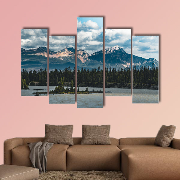 The Athabasca river flows by the Canadian rocky mountains wall art