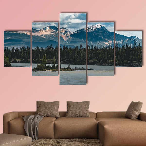 The Athabasca river flows by the Canadian rocky mountains in Alberta, wall art