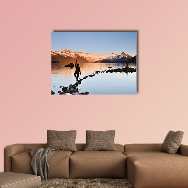 Yoga Girl balancing on rock, Garibaldi Lake sunset Multi panel canvas wall art