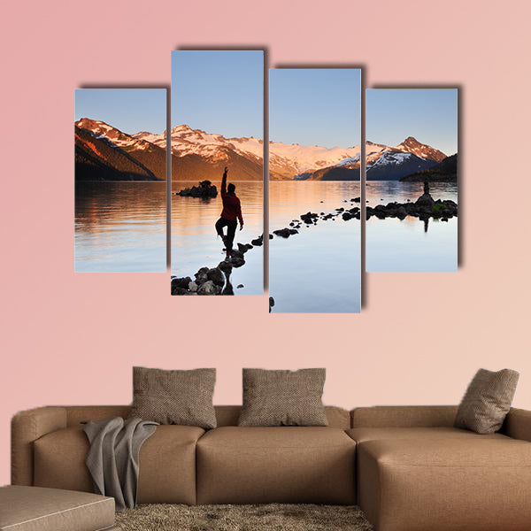 Yoga Girl balancing on rock, Garibaldi Lake sunset Multi panel canvas wall art