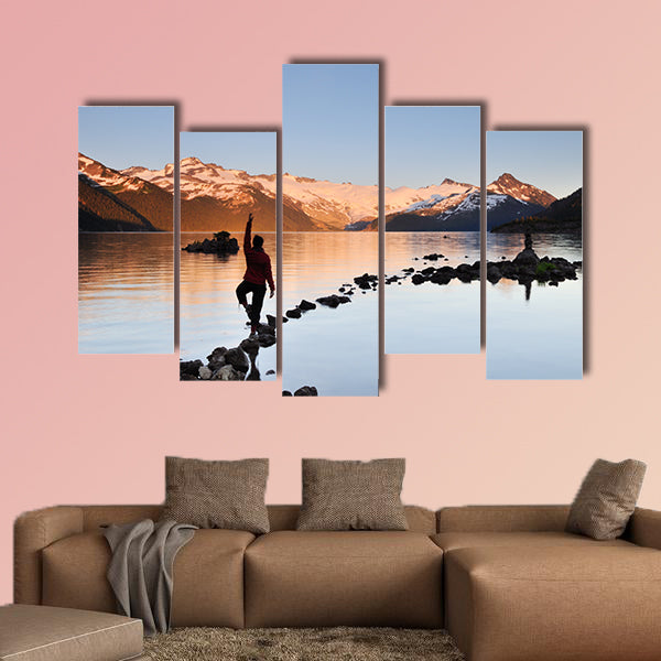 Yoga Girl balancing on rock, Garibaldi Lake sunset Multi panel canvas wall art