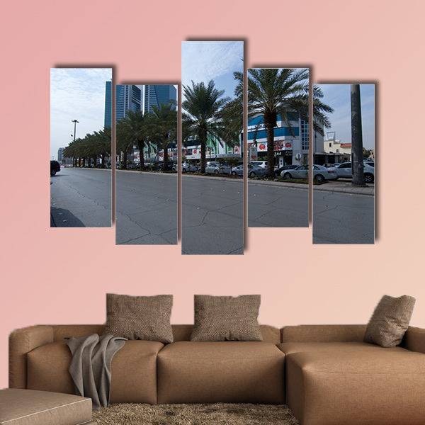 Tahlia Street with Shops, Cafe's and people, Riyadh, Saudi Arabia multi panel canvas wall art