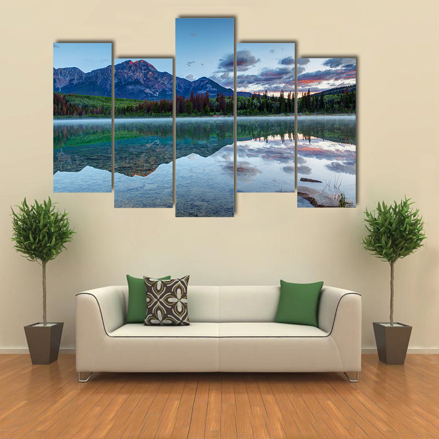 Sunrise at Patricia Lake with the golden sunlit Pyramid Mountain Multi panel canvas wall art