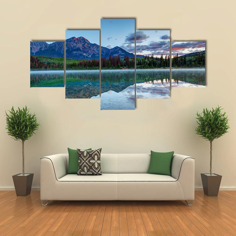 Sunrise at Patricia Lake with the golden sunlit Pyramid Mountain Multi panel canvas wall art
