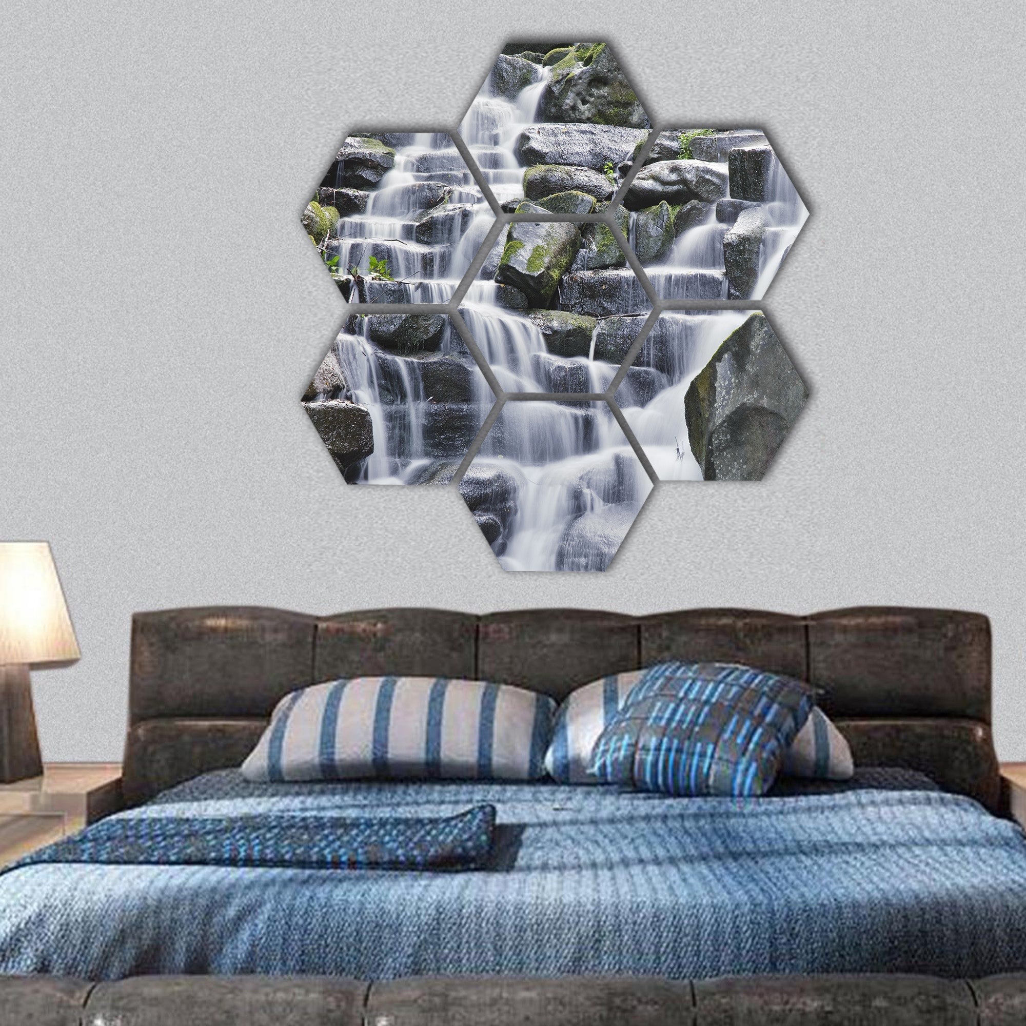 Waterfall cascades flowing over flat rocks in forest  hexagonal canvas wall art