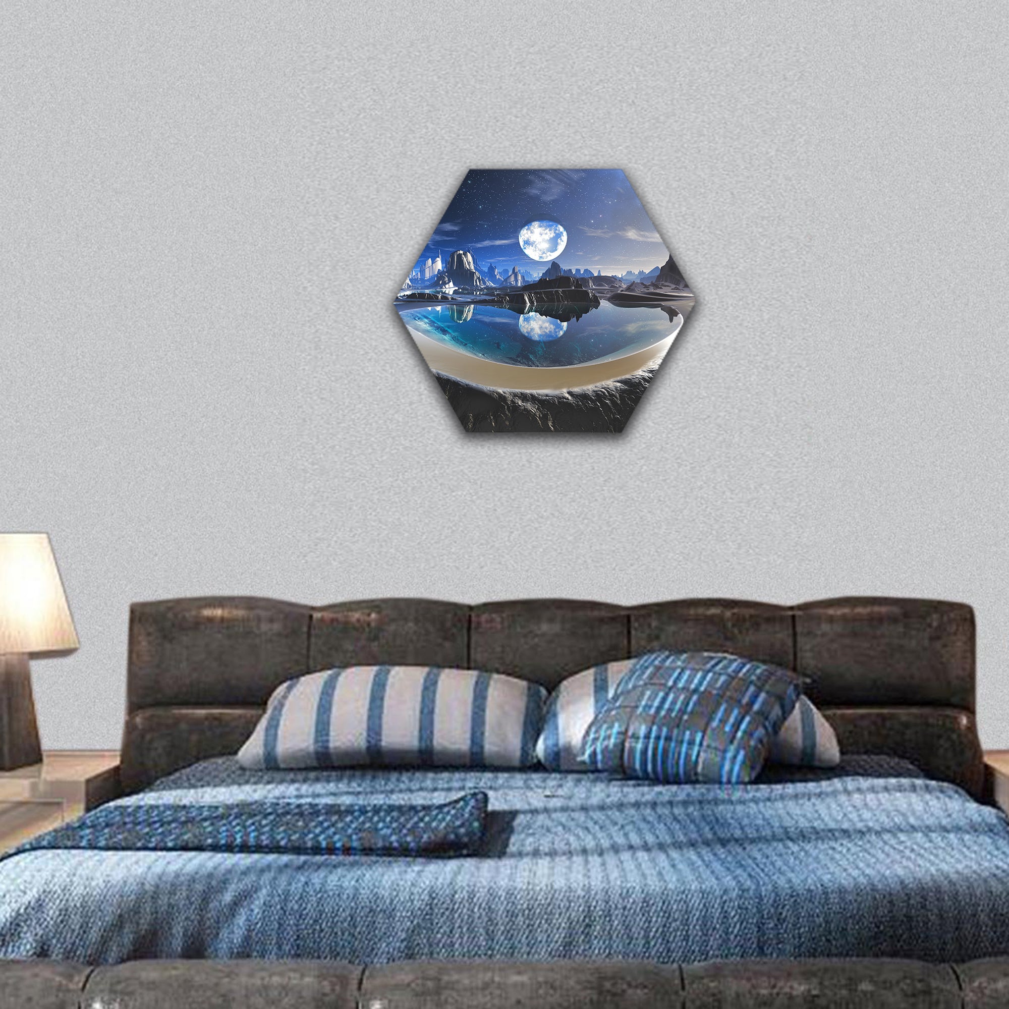 Reflection of Earth in Crystal Pool hexagonal canvas wall art
