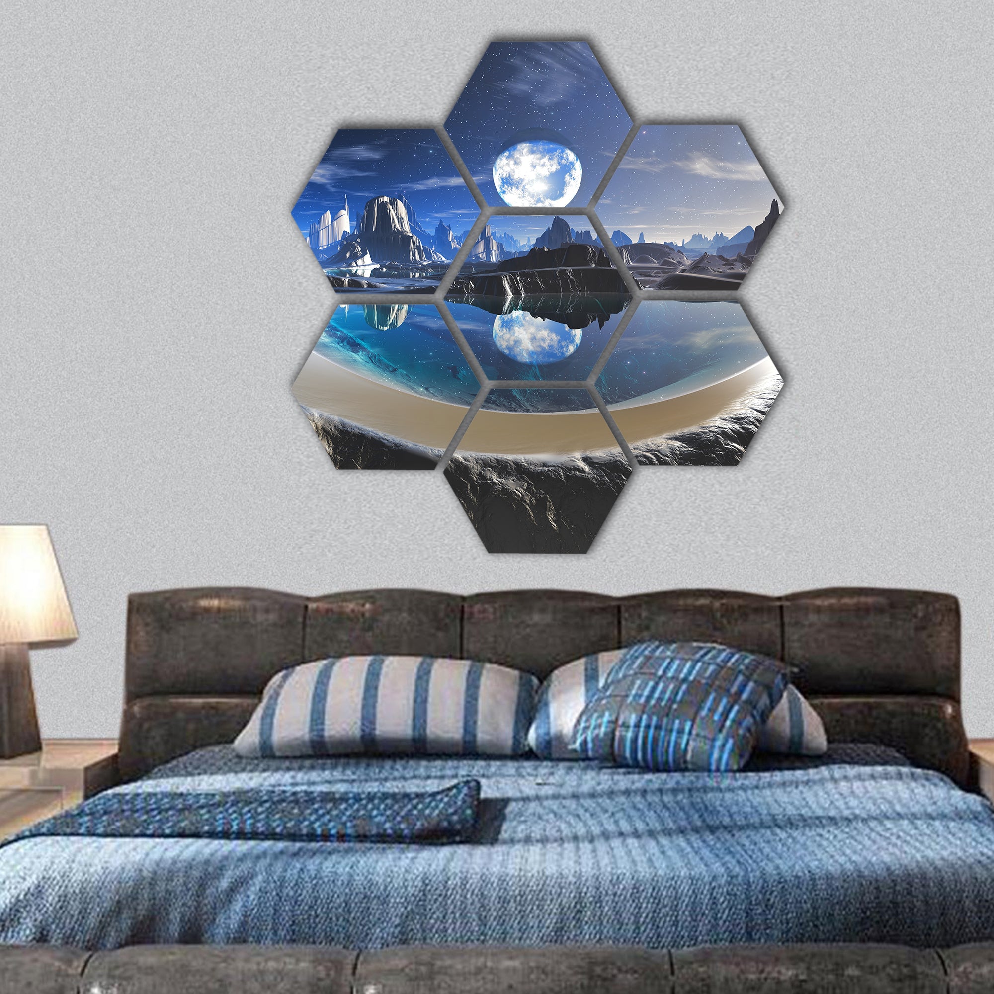 Reflection of Earth in Crystal Pool hexagonal canvas wall art