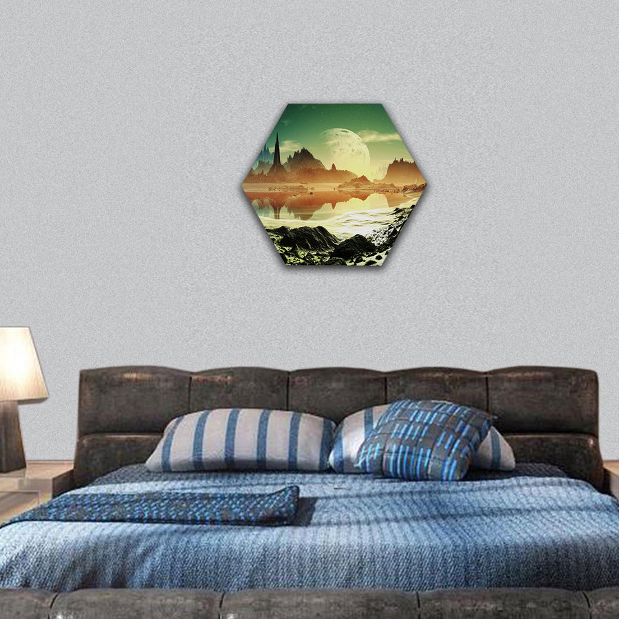 Alien City Ruins beside the Lake hexagonal canvas wall art