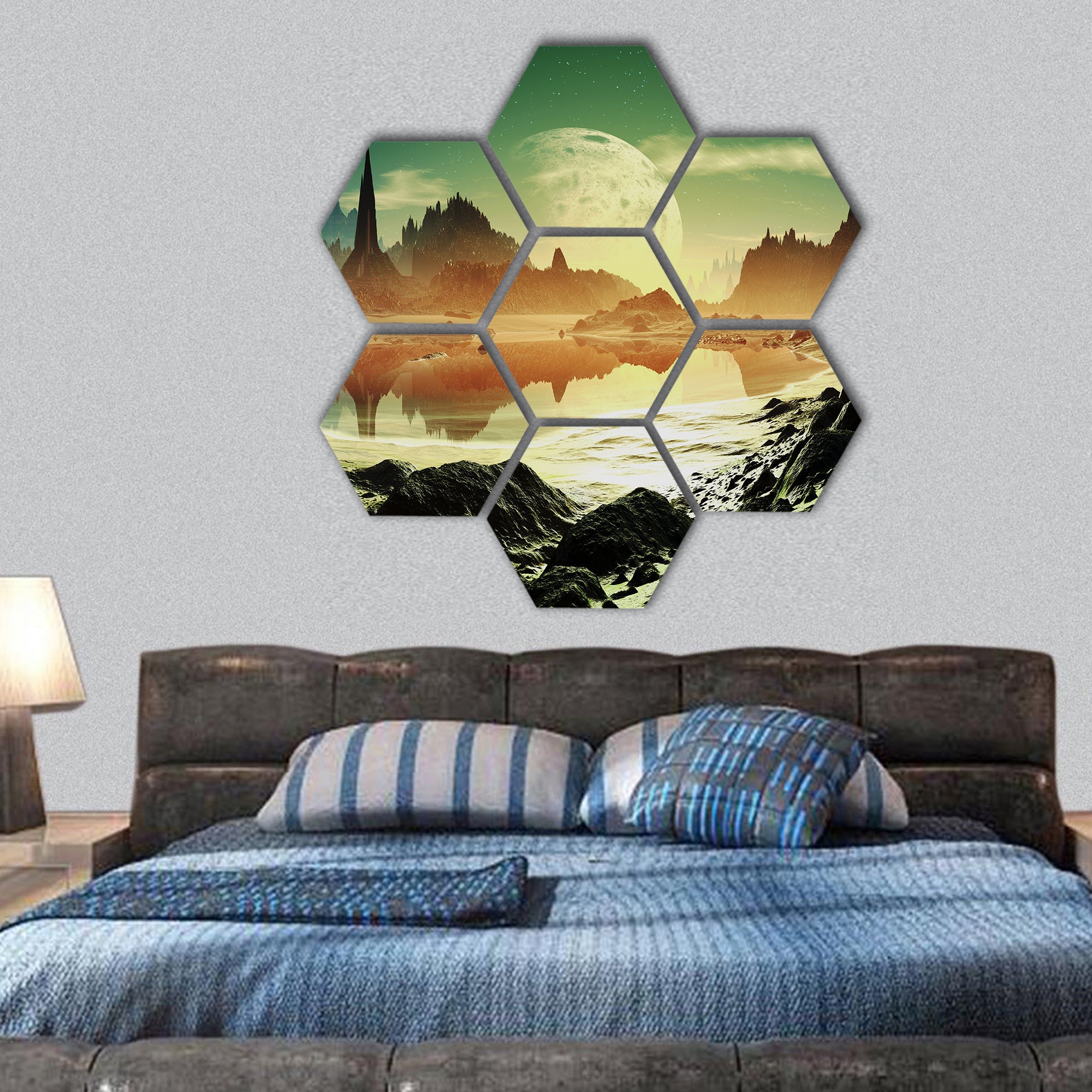 Alien City Ruins beside the Lake hexagonal canvas wall art