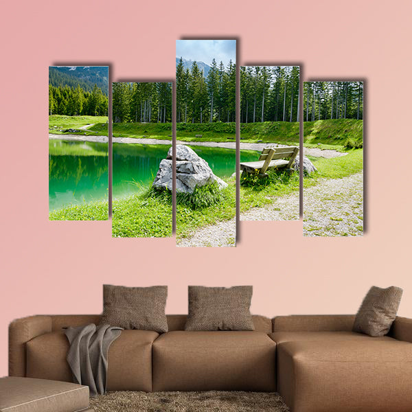  Bench near Almsee Lake in the Alps Mountains, Tyrol, Austria multi panel canvas wall art