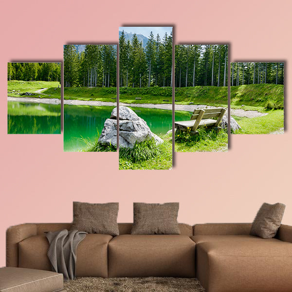  Bench near Almsee Lake in the Alps Mountains, Tyrol, Austria multi panel canvas wall art