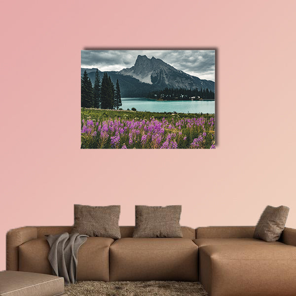 Emerald Lake in Canadian Rockies with mountains and flowers wall art