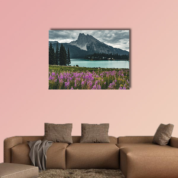 Emerald Lake in Canadian Rockies with mountains and flowers lake wall art