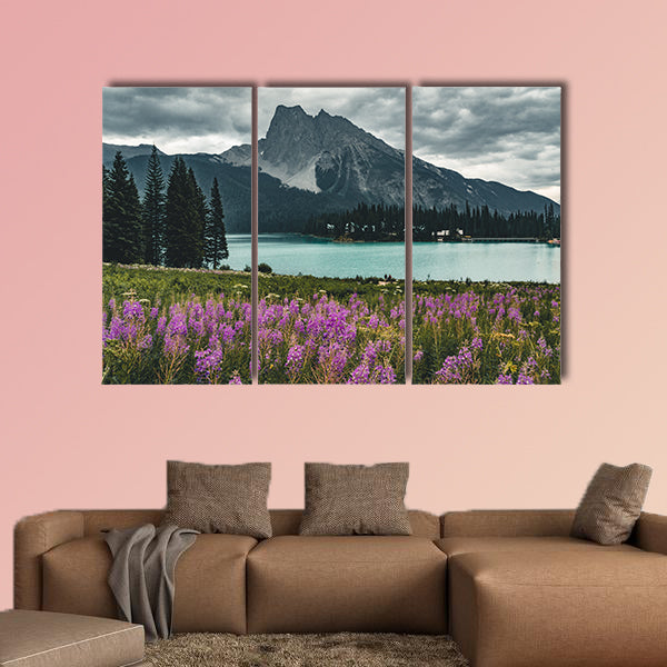 Emerald Lake in Canadian Rockies with mountains and flowers wall art