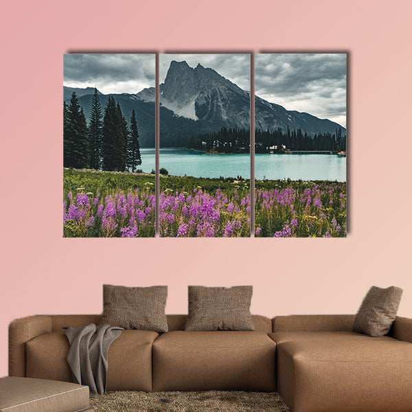 Emerald Lake in Canadian Rockies with mountains and flowers lake wall art