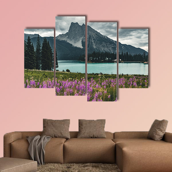 Emerald Lake in Canadian Rockies with mountains and flowers lake wall art