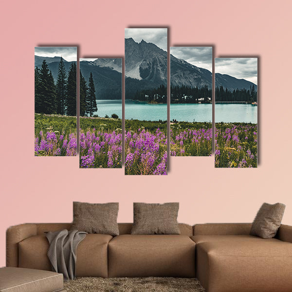 Emerald Lake in Canadian Rockies with mountains and flowers wall art