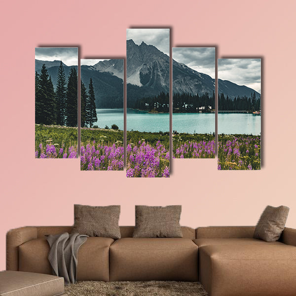 Emerald Lake in Canadian Rockies with mountains and flowers lake wall art