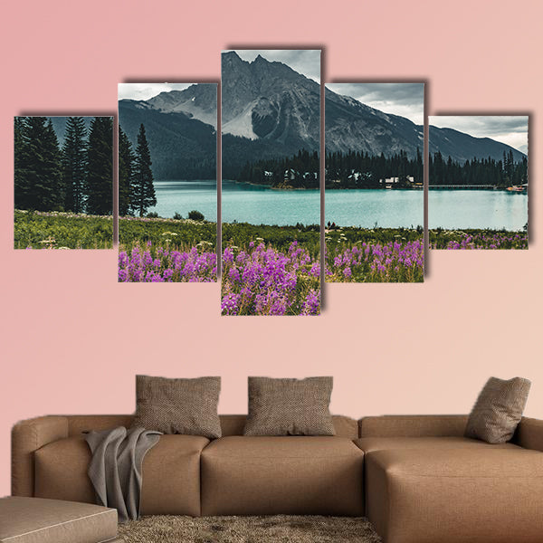 Emerald Lake in Canadian Rockies with mountains and flowers lake wall art