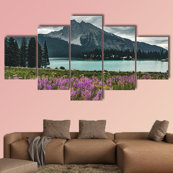 Emerald Lake in Canadian Rockies with mountains and flowers wall art