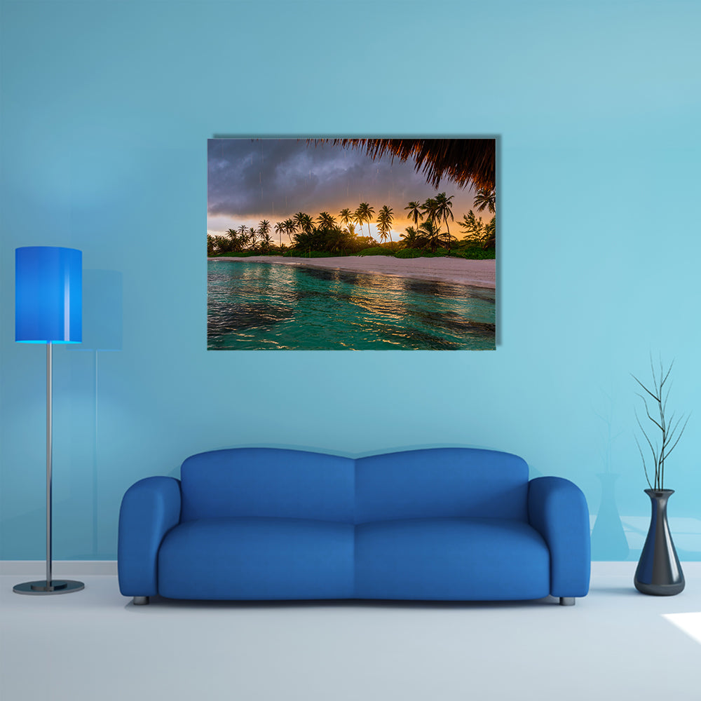 A Beautiful view toward tropical beach from wooden water villa, Punta Cana Multi Panel Canvas Wall Art