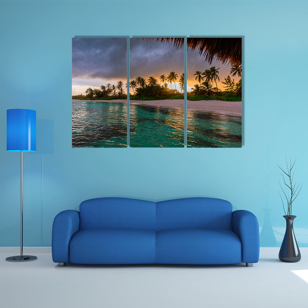 A Beautiful view toward tropical beach from wooden water villa, Punta Cana Multi Panel Canvas Wall Art