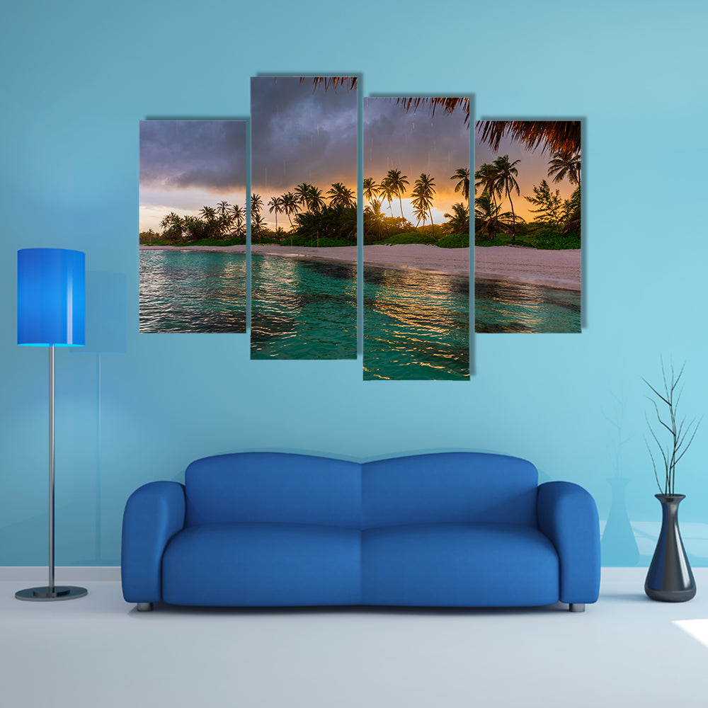 A Beautiful view toward tropical beach from wooden water villa, Punta Cana Multi Panel Canvas Wall Art