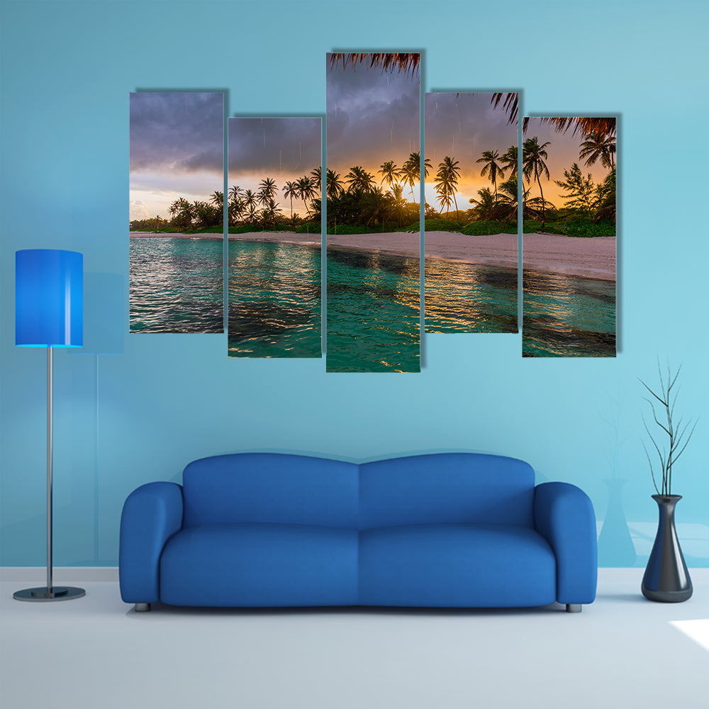 A Beautiful view toward tropical beach from wooden water villa, Punta Cana Multi Panel Canvas Wall Art