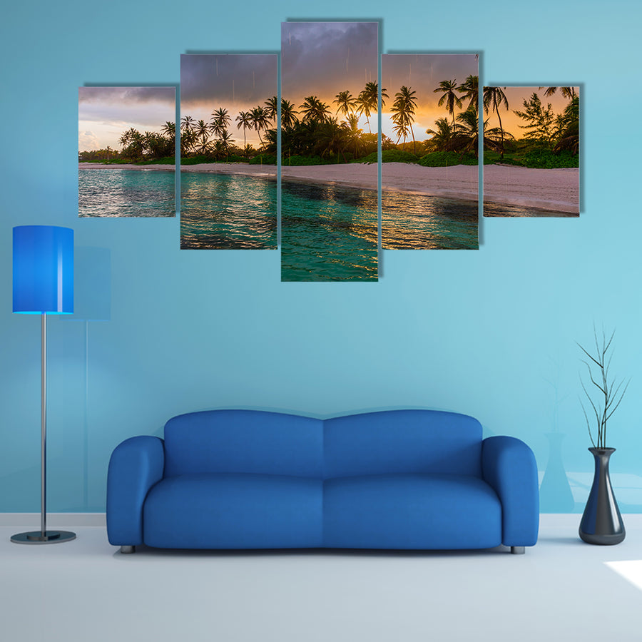A Beautiful view toward tropical beach from wooden water villa, Punta Cana Multi Panel Canvas Wall Art