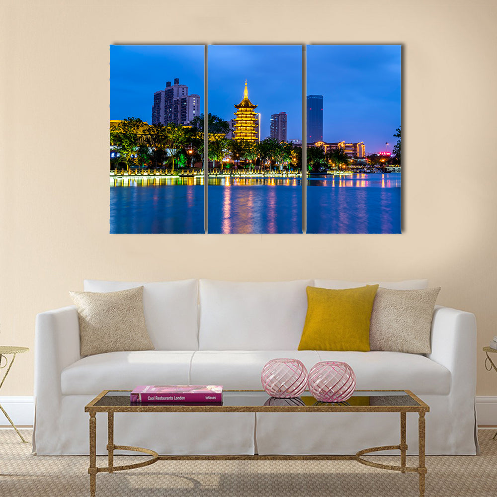 Landscape night view of Qingjiang Pu building in Huaian Multi panel Canvas Wall Art