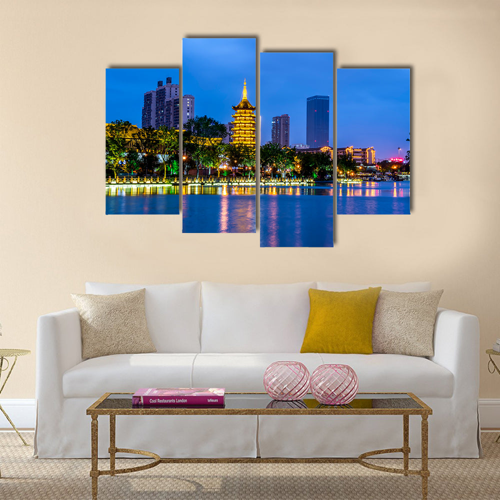 Landscape night view of Qingjiang Pu building in Huaian Multi panel Canvas Wall Art