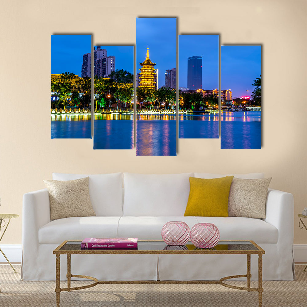 Landscape night view of Qingjiang Pu building in Huaian Multi panel Canvas Wall Art